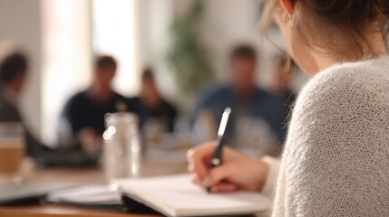 Focused shot of a mentee taking notes during a oneonone mentorship meeting while the mentor and surroundings softly fade out of focus.