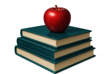 Red apple resting on teal book stack, representing learning, wellness, against clean white background