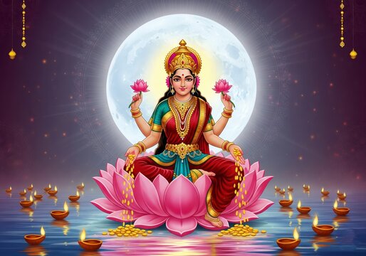 A beautiful depiction of Lakshmi Puja for the Diwali festival, with the goddess of wealth on a lotus, surrounded by light
