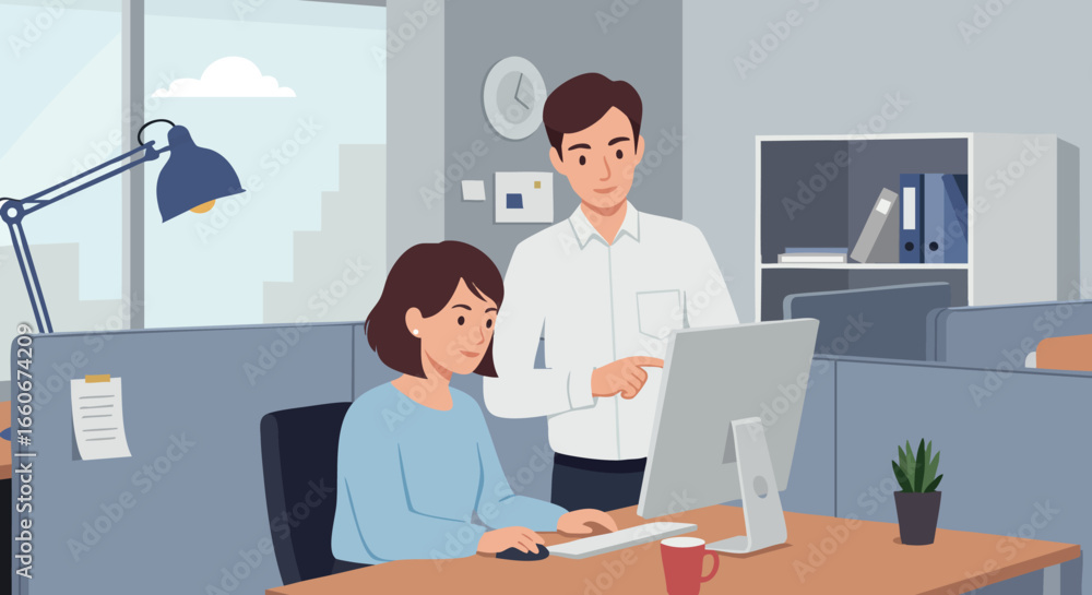 Poster office coworkers collaborating on computer at desk in modern workspace vector illustration