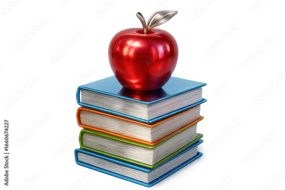 Aufkleber glossy red apple resting on colorful textbooks, symbolizing academic learning with clean background 