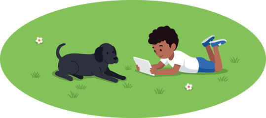 Fototapeta premium Boy reading book with black dog on green grass outdoors vector illustration 