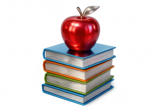 Glossy red apple resting on colorful textbooks, symbolizing academic learning with clean background highlighting educational essence