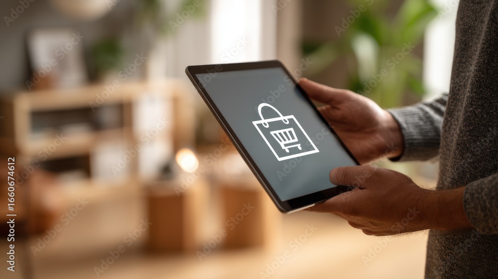 Poster medium shot emphasizing a digital shopping bag icon on a tablet screen held by a user background ele