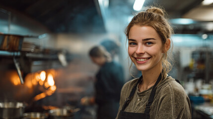Young woman working in the restaurant kitchen