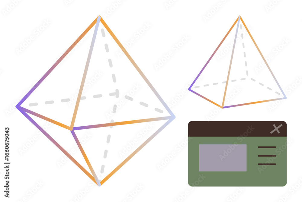 Poster transparent 3d octahedron with gradient outline in two sizes next to a simple ui card. ideal for geo