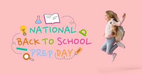 Cute little girl with backpack jumping on pink background. National Back To School Prep Day