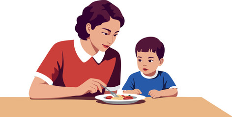 Mother Feeding Son Healthy Meal at Table Family Care and Nurturing Moment 