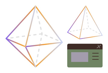 Transparent 3D octahedron with gradient outline in two sizes next to a simple UI card. Ideal for geometry, mathematics, 3D modeling, architecture, interface design, minimalism, simple flat metaphor