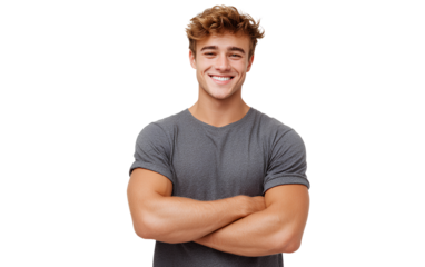  Young smiling man with crossed arms, isolated on a transparent background. PNG file.