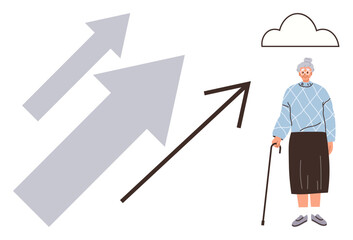 Elderly woman supported by a cane beside upward arrows and cloud, representing progress, growth, empowerment, guidance, wisdom, health, and future possibilities. Ideal for aging care motivation