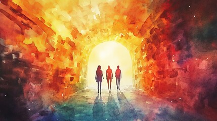 Three women are positioned in front of the open entrance to an empty tomb in a vibrant watercolor Easter illustration