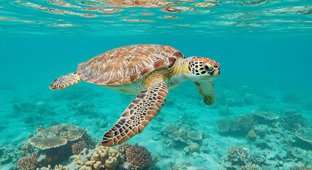 Obraz premium Sea Turtle Swimming Over Tropical Coral Reef