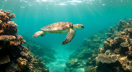 Fototapeta premium Sea Turtle Swimming Over Vibrant Coral Reef Ocean