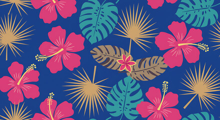 Seamless Tropical Pattern with Hibiscus Monstera Palm and Banana Leaves on Blue Background