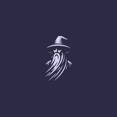 Minimalist simple old wizard logo in abstract silhouette style.