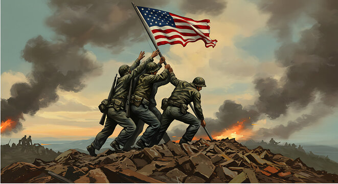 Soldiers Raising American Flag on Battlefield Hill Illustration