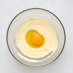 A glass bowl contains a smooth, creamy mixture with a fresh egg yolk placed at the center, indicating preparation for a baking recipe. The neutral background emphasizes the ingredients