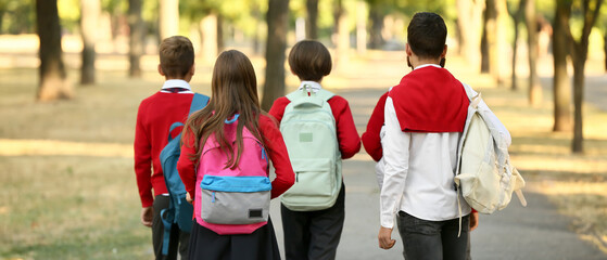 Group of pupils going to school outdoors, back view