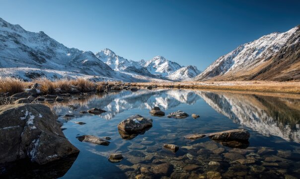 Mountain lake reflection in clear morning light - Powered by Adobe