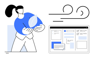 Woman holding a leaf representing eco-consciousness alongside a digital interface showcasing organized workflow. Ideal for sustainability, technology, eco-design communication, organization, remote