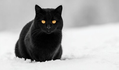 Fototapeta premium Black cat in snowy landscape