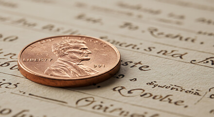US Penny Coin Close-up on Vintage Document with Old Handwriting