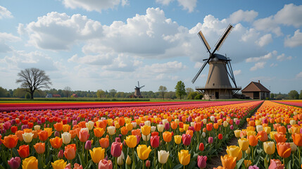 Beautiful colorful tulip field and traditional windmill in country side.