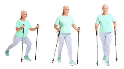 Set of mature woman with walking poles on white background