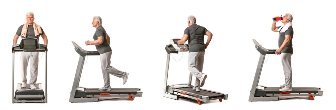 Set of senior man training on treadmill against white background - Powered by Adobe
