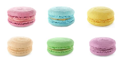 Set of different sweet macarons on white background