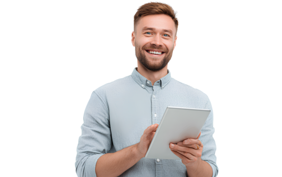 A happy young man holding an iPad and looking at it, in a transparent background PNG sticker format.