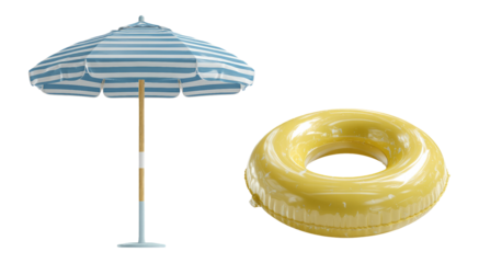 Colorful Beach Umbrella and Yellow Pool Float on Transparent Background