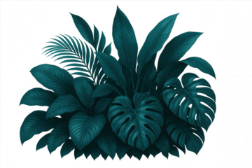 Verdant tropical leaves forming dense jungle backdrop, providing exotic green overlay with transparent background for design enhancement