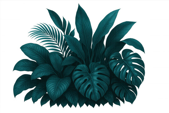 Verdant tropical leaves forming dense jungle backdrop, providing exotic green overlay with transparent background for design enhancement