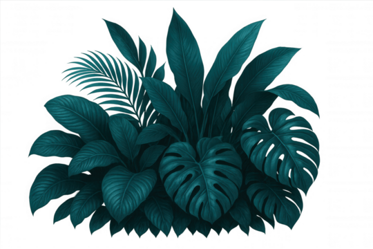 Verdant tropical leaves forming dense jungle backdrop, providing exotic green overlay with transparent background for design enhancement