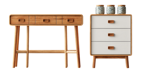 Stylish Wooden Furniture Set with Drawers and Decorative Jars on Background