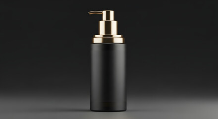 Black cosmetic foam dispenser with gold accents, studio shot.