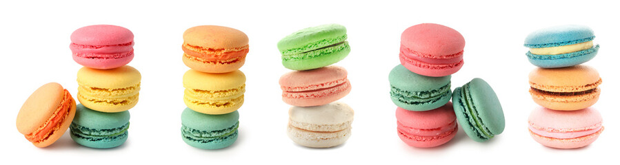 Set of different sweet macarons on white background
