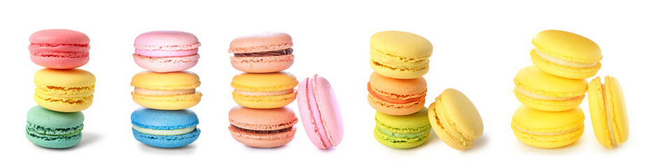 Set of different sweet macarons on white background