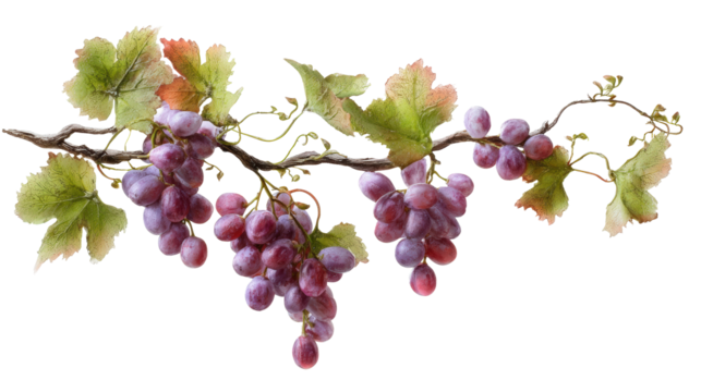 Beautiful watercolor illustration of juicy, ripe purple grapes with green leaves on a transparent background. - Powered by Adobe