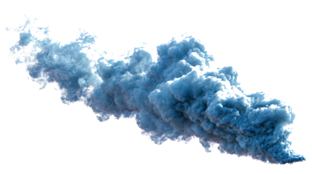 A billowing blue smoke cloud against a transparent backdrop, ideal for various creative projects.