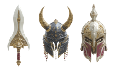 Decorative Armor Set with Elaborate Helmets and Sword Isolated