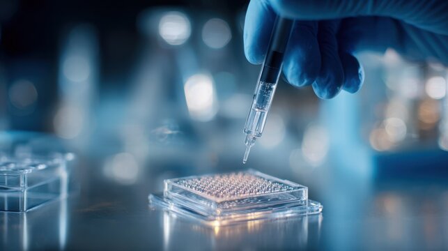 Medium shot of a lab technician injecting nanobots into a biochip implant highlighting cuttingedge antiaging technology innovation with a dimly blurred lab background.