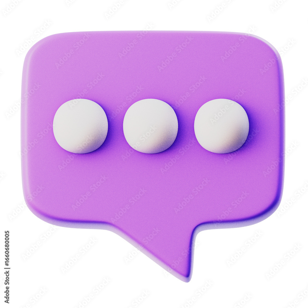 Poster 3d rendered purple speech bubble with three white dots, symbolizing typing or a message in progress.