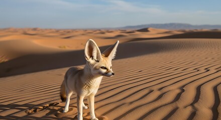Naklejka premium A fennec fox standing on a sand dune in the desert with mountains in the background under a blue sky
