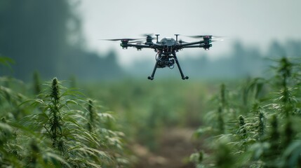 Medium shot capturing a cropmonitoring drone hovering midair detailed in focus against a blurred field of tall plants and digital sensors.
