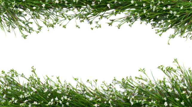 Elegant floral frame of white flowers and green leaves on transparent background.