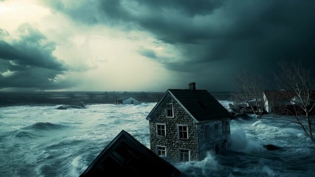 Dramatic Storm Surge with Buildings in Water Disaster