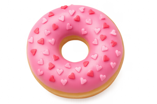 Pink donut with heart sprinkles isolated on transparent background